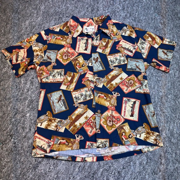 Howie Other - Howie Made in Hawaii Mens Large Postcard Print Cotton Aloha Shirt Navy Blue Vtg